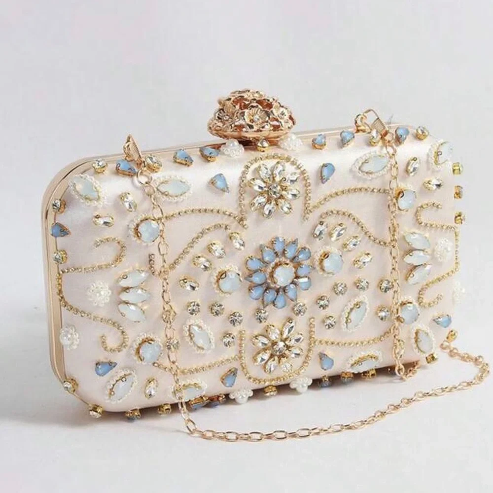 Embellished Ivory Crystal Evening Clutch with Gold Chain